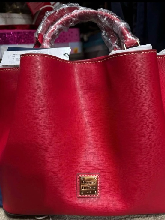 Dooney & Bourke Handbags - Dooney & Bourke Red Saffiano Leather Tote with Gold Plaque